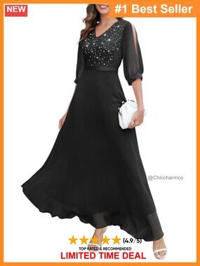 Sequin Maxi Evening Dress Long Split Sleeve Formal Gown